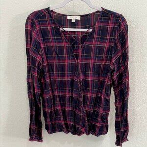 Francesca’s Western Boho Plaid Top Shabby Chic Faux Wrap Long Sleeve